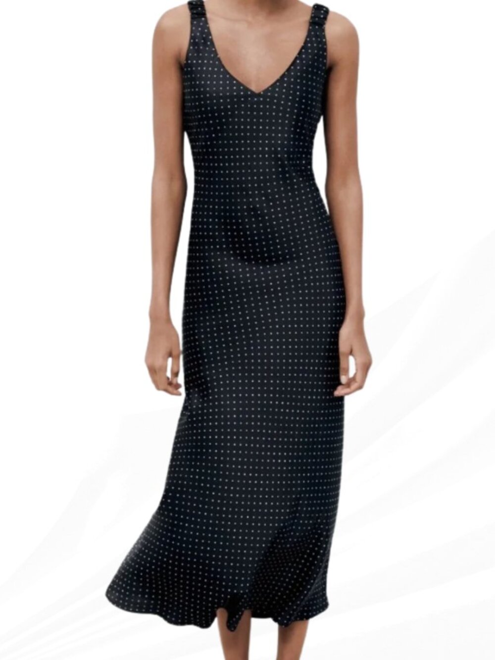 ZARA Black Satin Polka Dot Maxi Slip Dress V-Neck Sleeveless Bias Style Sz XL